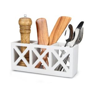 Wooden Cutlery Silverware Holder Flatware Utensil Caddy Wood Silverware Organizer Storage for Countertop Fork Spoon Knives Organizer Small Kitchen Utensil Holder Party White Table Cutlery Caddy