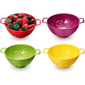 Baderke 4 Pack Mini Colander for Kitchen Plastic Berry Strainer with Double Handles 7.5 x 6 x 3 Inch Small Colander Strainer for Fruits Vegetables Food (Green, Purple, Red, Lemon Yellow)