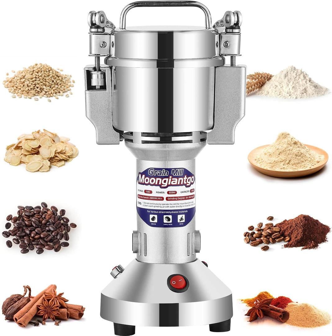 Moongiantgo Grain Mill Grinder Electric 150g Commercial Spice Grinder 850W Stainless Steel Pulverizer Dry Grinding Machine for Wheat Corn Rice Pepper Herbs Coffee Beans (150g Upright, 110V) (Silver)