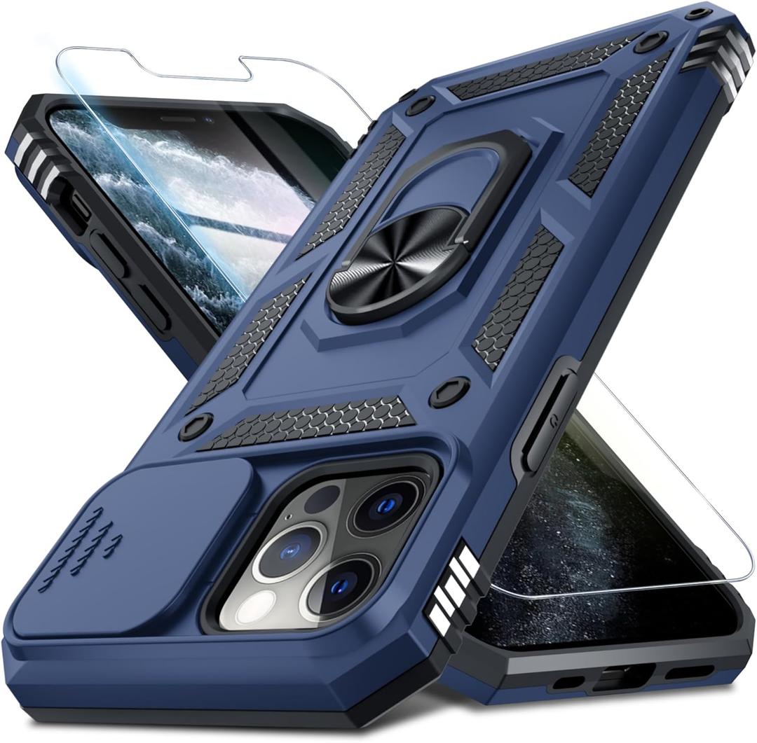 Janmitta Case for iPhone 16 Phone Cover Built in Slide Camera Lens Cover+Screen Protector,Heavy Duty Shockproof Full Body PhoneCase with Finger Ring Holder Kickstand,Blue
