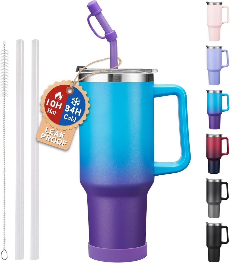 ICIOI Travel Mugs Insulated for Hot and Cold - 40oz Tumbler with Handle and Straw Spout Lid, Spill Proof Metal Coffee Thermal Cups for Women Men, Dishwasher Safe Water Bottle (Blue Purple Black)