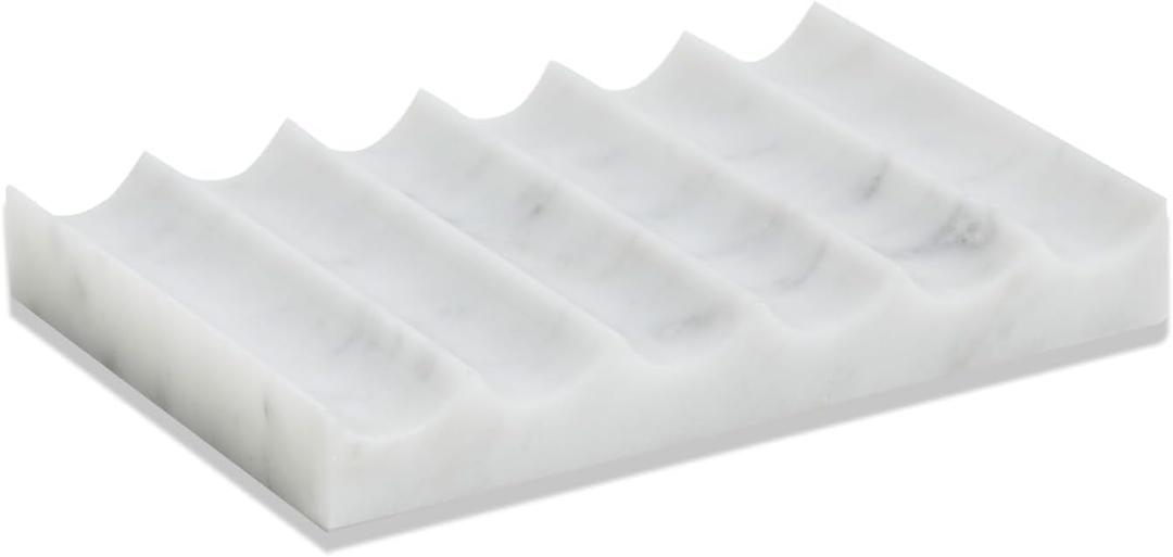 Luxurious Marble Soap Dish Jewelry Ring Tray - Rectangle Stone Soap Tray & Saver for Shower  Self Draining Soap Holder for Bathroom, Kitchen,Carrara White