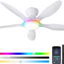 Ceiling Fans with Lights, 46-inch Modern Low Profile Ceiling Fan with Light and Remote App Control, Flush Mount, Quiet DC Reversible, RGB Led Ceiling Fan for Bedroom, Kitchen, Indoor/Outdoor Patio White