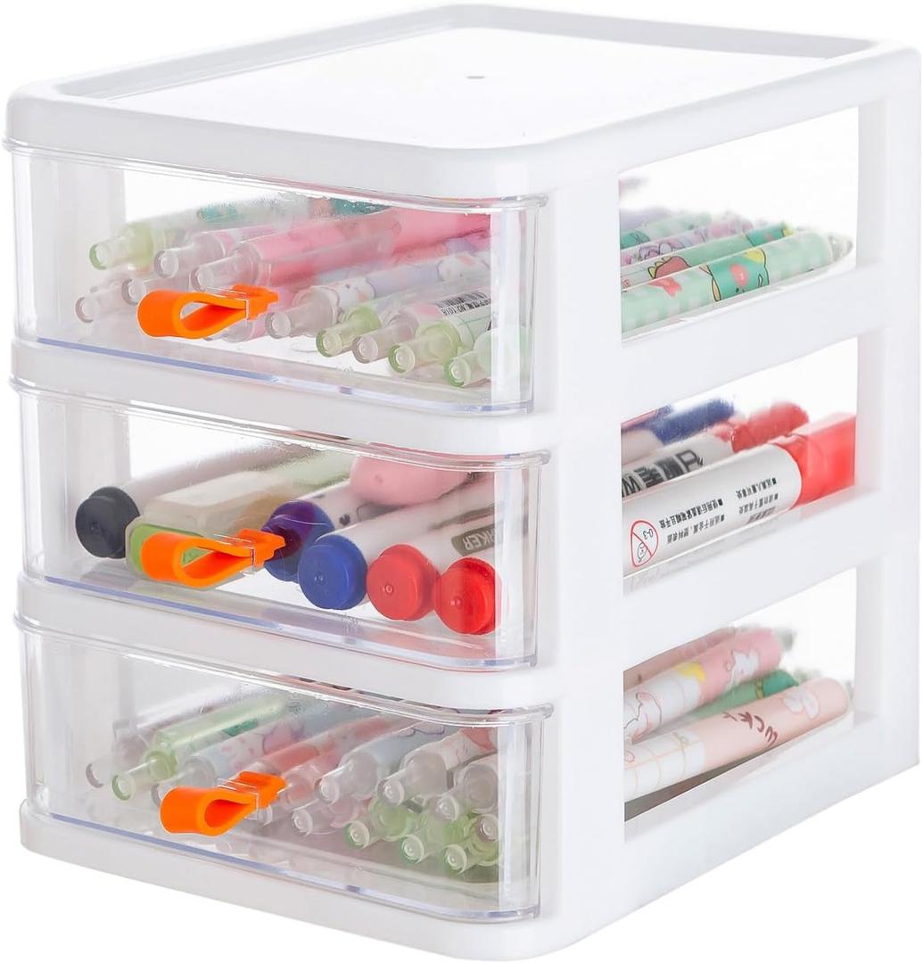 Gagee 3 Drawer Mini Desktop Unit,Plastic dressers with drawers for Arts and Crafts, Small Tools, Sewing Accessories, Stationary, and Hardware,Clear/White Frame
