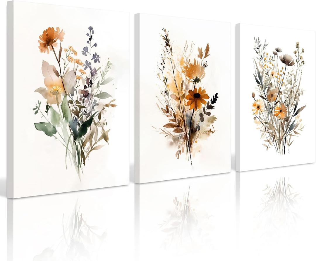 Botanical Wall Art Set of 3 Floral Wall Decor Prints Vintage Canvas Wall Art Wildflower Watercolor Pictures Farmhouse Artwork Floral Modern Painting for Bathroom Bedroom 16x24 Inch Framed (16x24 Inch Wrapped Canvas, Colorful Flower Prints)