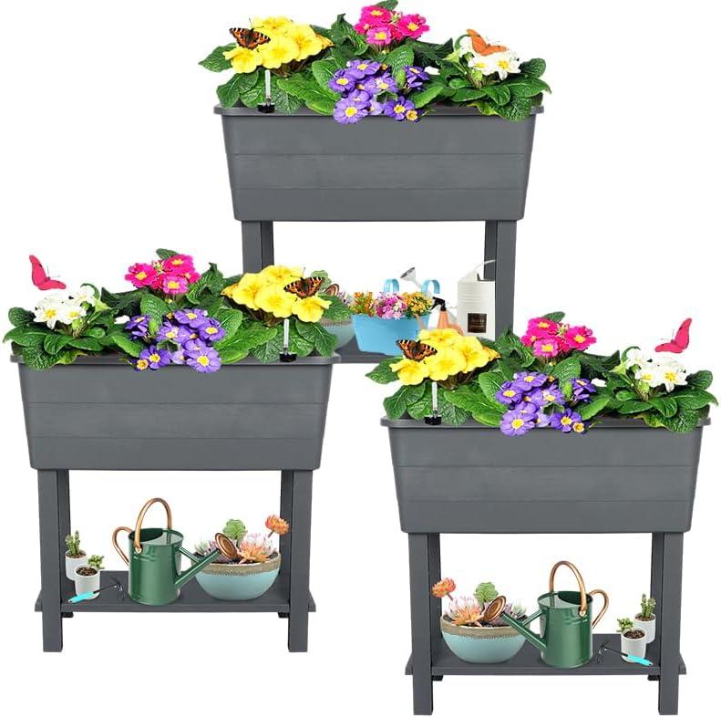 3 Pcs Self Watering Elevated Raised Garden Bed, Large Outdoor Plastic Planter Box Big Flower Plant Pot for Planting Flowers Vegetables and Herbs (3, Dark Grey)