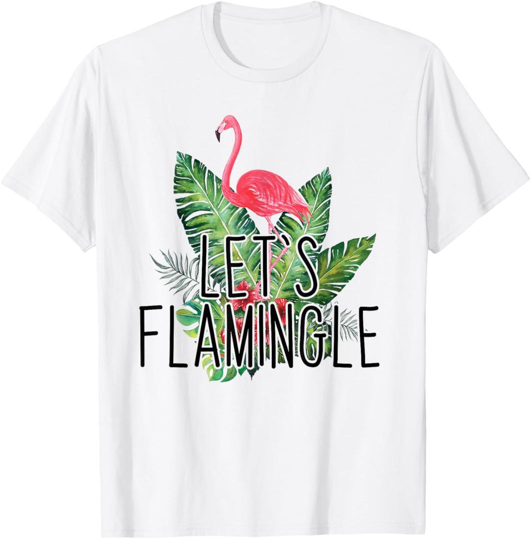 Let's Flamingle Hawaiian Tropical Floral Print Flamingo T-Shirt S