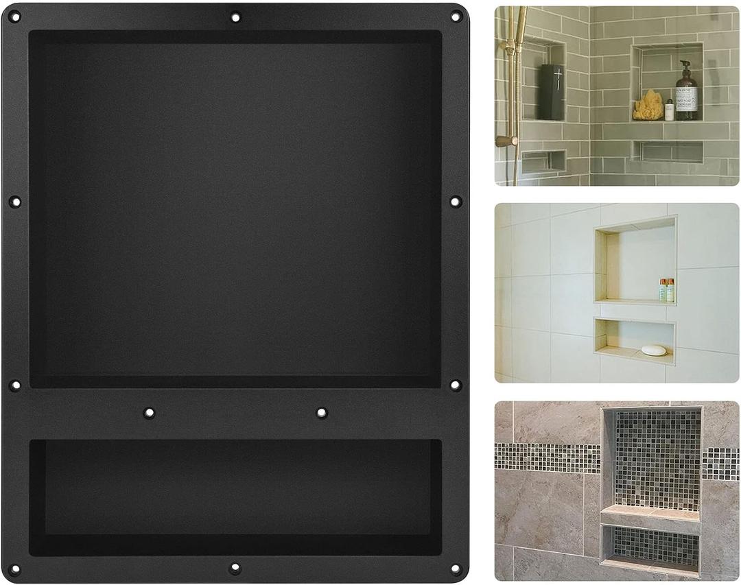 Suteck Shower Niche Double Shelf, 16-Inch Width x 20-Inch Height x 4-Inch Depth, Recessed Shower Niche Ready for Tile (Inner Size: Length 12"+4", Width 14") Niche for Shower Bathroom Storage