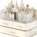 DASITON Makeup Organizer with Drawers and Rotating Makeup Brush Holder,Large Capacity Stackable Cosmetic Organizer Countertop,Bathroom Organizers and Storage,Make up Organizers for Vanity (Cream 03)