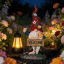Garden Decor Gnomes Outdoor Statue with Solar Lights-Solar Garden Gnomes Decorations for Patio Lawn Yard Balcony with Lantern,Welcome Sign with Butterfly Flower, Birthday Gifts for Women Mom Grandma