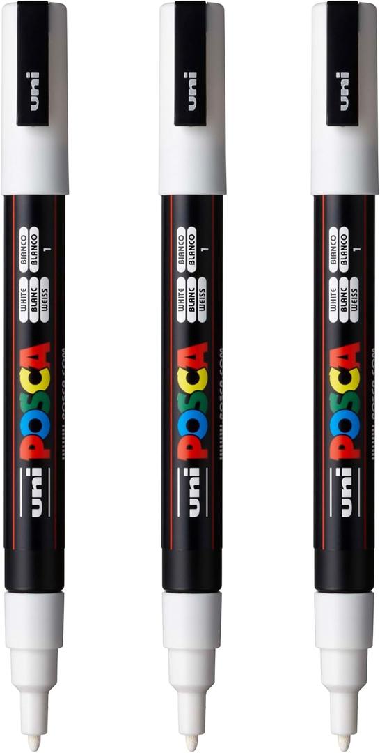 posca PC-3M Water-Based Paint Markers, Reversible Fine Tip (0.9-1.3mm), White, 3 Count