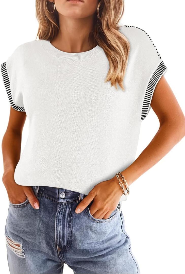 Dokotoo Womens Summer Cap Sleeve Tops 2025 Crewneck Sweater Vest Casual Knit Lightweight Sweater Pullover Trendy Tank Shirts (XXL)