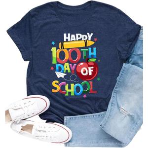 100 Days of School Shirts for Women Happy 100th Days Teacher T-Shirt Funny Pencil Apple Tee Tops (XL)