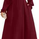 RWJ Long Sleeve Dress for Women 2025 Fall V Neck Elegant Flowy Plus Size Formal Wedding Guest Maxi Dresses with Pockets (Burgundy, X-Large Plus)