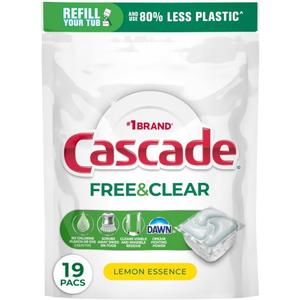 Cascade Free & Clear Dishwasher Pods, Dishwasher Detergent, Dish Detergent Soap, Lemon Essence, 19 Count
