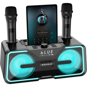 BIGASUO Karaoke Machine for Adults Kids with 2 UHF Wireless Microphones, Portable Bluetooth Singing PA Speaker System with LED Lights for Home Party, Wedding, Church, Picnic, Outdoor/Indoor