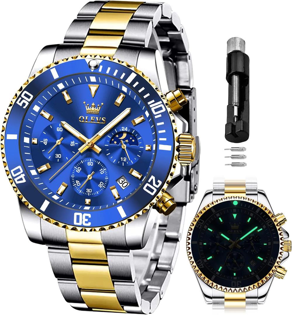 OLEVS Mens Watches Chronograph Luxury Dress Moon Phase Quartz Stainless Steel Waterproof Luminous Business Calendar Wrist Watch (two tone blue)