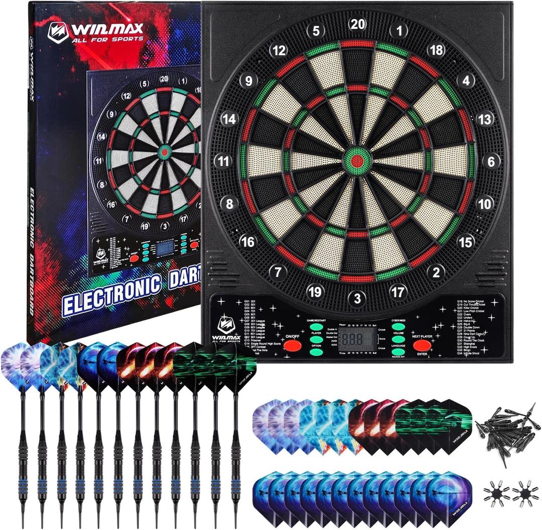 WIN.MAX Electronic Dart Board, LED Display Automatic Scoring Dartboard Sets for Adults with 12 Darts 100 Soft Tips, Dart Board Electronic Scoreboard, Power Adapter, Outdoor