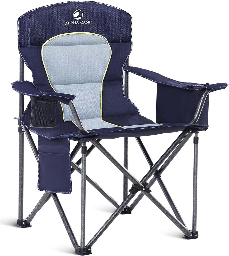 ALPHA CAMP Oversized Camping Folding Chair Heavy Duty Lawn Chair with Cooler Bag (Blue)