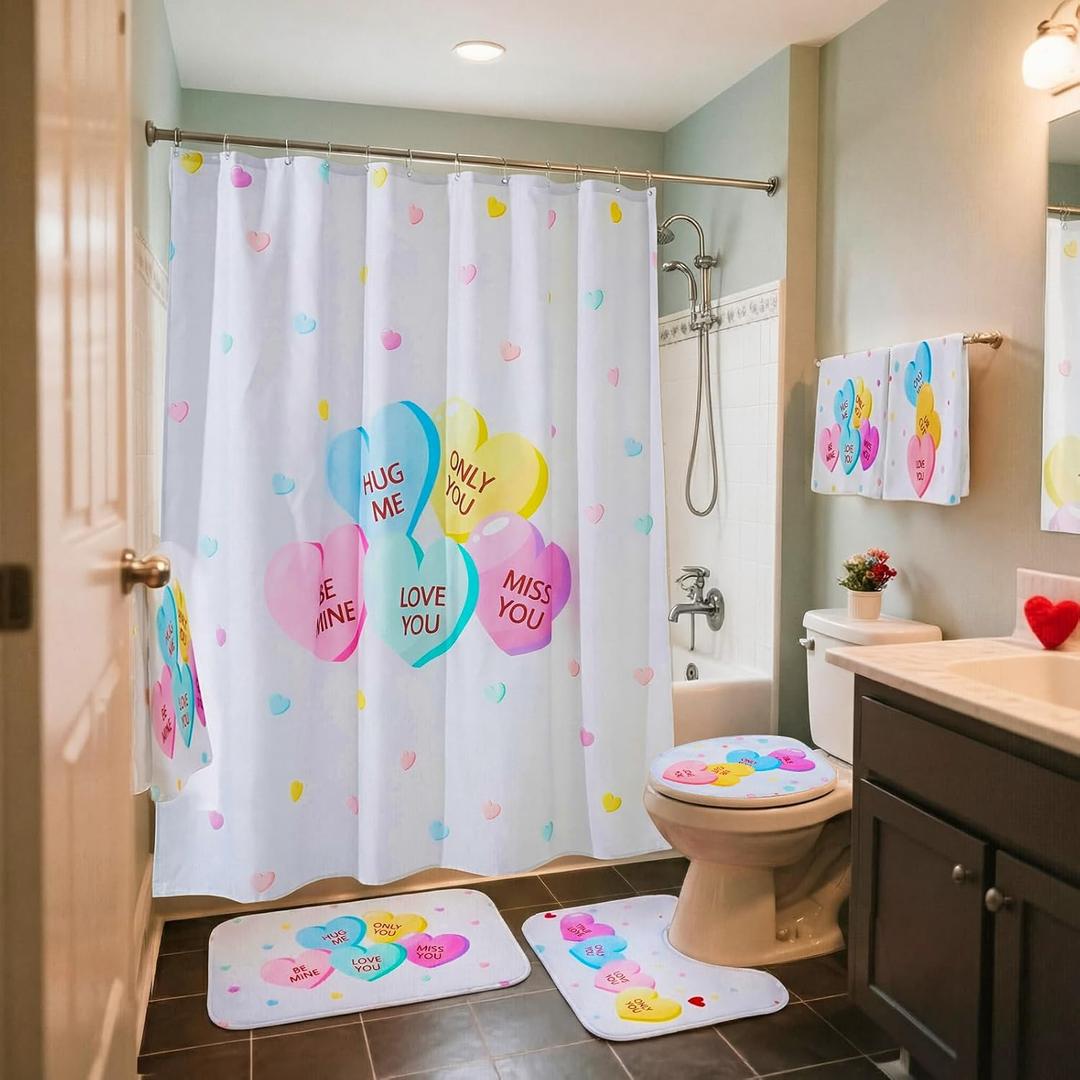 6 Pcs Valentine's Day Shower Curtain Set Valentines Bathroom Decor with Toilet Lid Cover, U-Shaped Mat, Bath Mat, 2 Towels, Candy Heart Valentines Shower Curtains with 12 Hooks for Home Decor