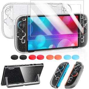 FYOUNG Protective Case for Nintendo Switch 2 2025, Slim Hard Shell for Switch 2 Accessories, Scratch&Shock Protection Cover with Screen Protector, 8 Thumb Grip(Transparent Glitter, Switch 2 7.9inch)