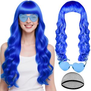 PLULON Blue Neon Wigs for Women with Heart Sunglasses, Colorful Long Curly Wigs Synthetic Colored Funny Cosplay Hairpieces for Daily Bachelorette Halloween Costume Party Decorations, Blue