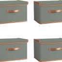 Tuza 4 Pack Storage Bins with Lids, Collapsible Closet Organizer Container, Fabric Organizer Box with Handles, Decorative Storage Boxes with Lids for Organizing Clothes, Blanket, Grey, Large