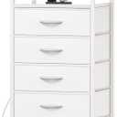 Huuger White Dresser with 5 Drawers & Charging Station, Tall Dresser for Bedroom, Tall Night Stand with PU Leather Finish, Open Shelf, Nightstand for Bedroom, Closet, Hallway, Entryway