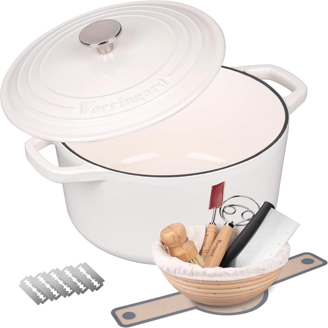 VORRINGARD Enameled Cast Iron Dutch Oven Pot with Lid, for Bread Baking, Round Bread Oven- include Sourdough Bread Baking Supplies Set, 6QT, White