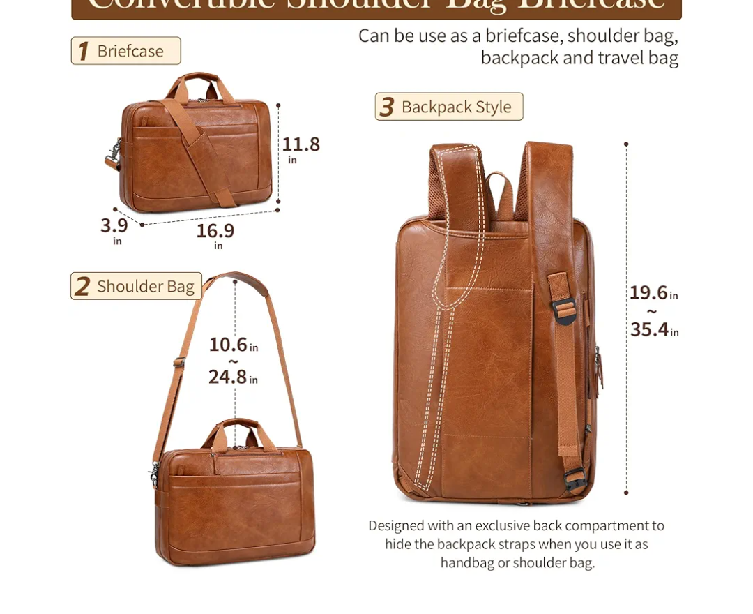 Faux Leather Messenger Bag for Men | 17-17.3 Inch Leather Mens Laptop Bag Leather Briefcasen Convertible Backpack 3 in 1 Computer Handbags Work Bag Shoulder Crossbody Bag Office | Vintage Brown