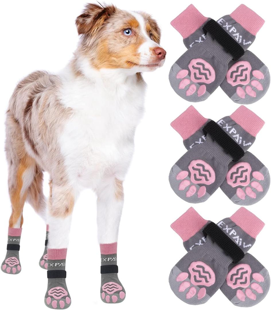 EXPAWLORER 6PCS Anti-Slip Dog Socks to Prevent Licking Paws,Dog Shoes for Hot Pavement,Best Paw Protector Traction Control on Hardwood Floor,Dog Booties for Dogs, Size: Medium (6 Count) (Pink and Grey)
