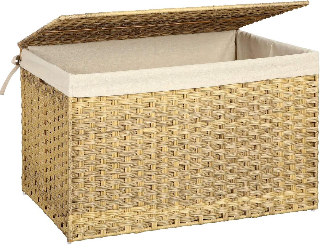 SONGMICS Storage Basket with Lid, Woven Blanket Storage Bin with Handles, Foldable, Removable Liner, Metal Frame, for Bedroom, Laundry Room, 42.3 Gallons (160 L), Natural URST76NL