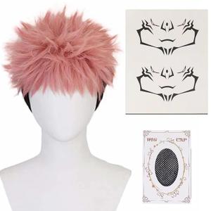 Pink and Black Wig for Yuji Cosplay Short Anime Wig with Tattoo Synthetic Heat Resistant Costume Hair Halloween Party Wig with Cap