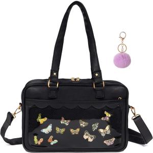 Ita Purse Crossbody Japanese Shoulder Bag Messenger Pin Display with Insert Pompom Cute Kawaii (Medium Size,black)