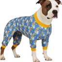 LovinPet Pitbull Dog Pajamas - Pet Anxiety Relief, Sun Protection Dog Pajamas, Comfy Stretchy Fabric, Pitbull Onesie, Dreamy Bear Print, Pitbull Shirt, Pet Jammies,Yellow XL