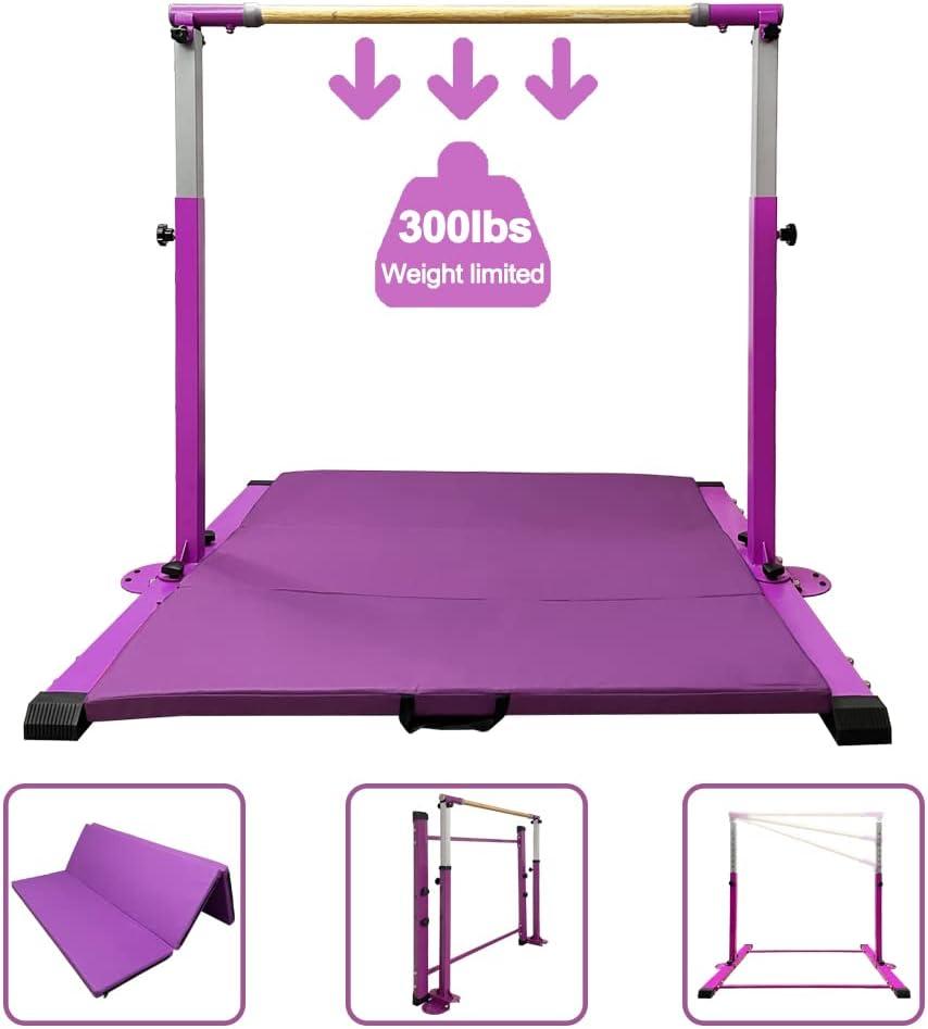 Gymnastics Kip Bar for Home Indoor Training,Horizontal Bar for Kids Girls Junior,Adjustable Arms from 3' - 5' Gym Equipment,1-4 Levels,300lbs Weight Capacity (PURPLE)
