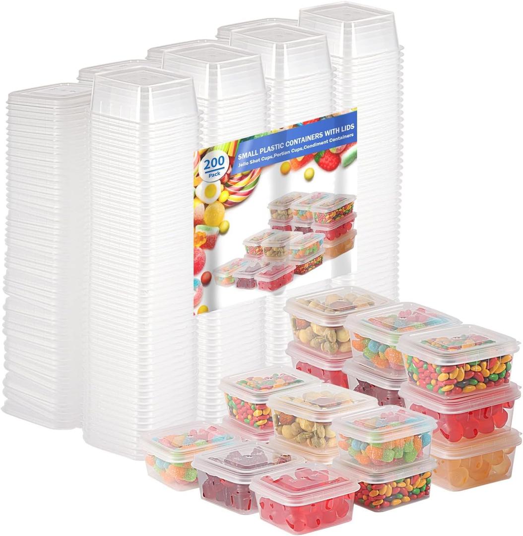 4 oz Plastic Containers with Lids(200 Pack)Condiment Containers with Lids, Portion Cups, Jello Shot Souffle Sauce Cups (Square)