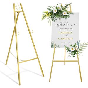 GRENTY Gold Easel Stand for Wedding Sign, No Assembly Required, Metal Artist Easels for Display, Heavy Duty Welcome Poster Stands for Party, Painting