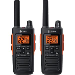 Cobra RX680 Walkie Talkies (2-Pack) - Rugged & Splashproof Two Way Radios Long Range, IP54 Water Resistant Design, 60 Pre-Programmed Channels, Weather Alerts, Included Charging Dock (Black/Orange)