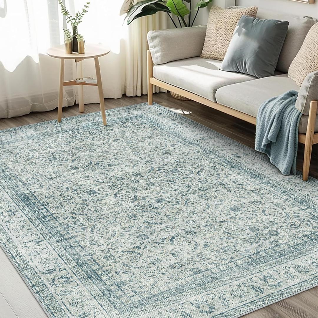 Area Rugs for Living Room 6x9 Machine Washable Rug, Boho Vintage Retro Floral Carpet for Bedroom Dining Room, Low Pile Lightweight Non Slip Rug, Blue
