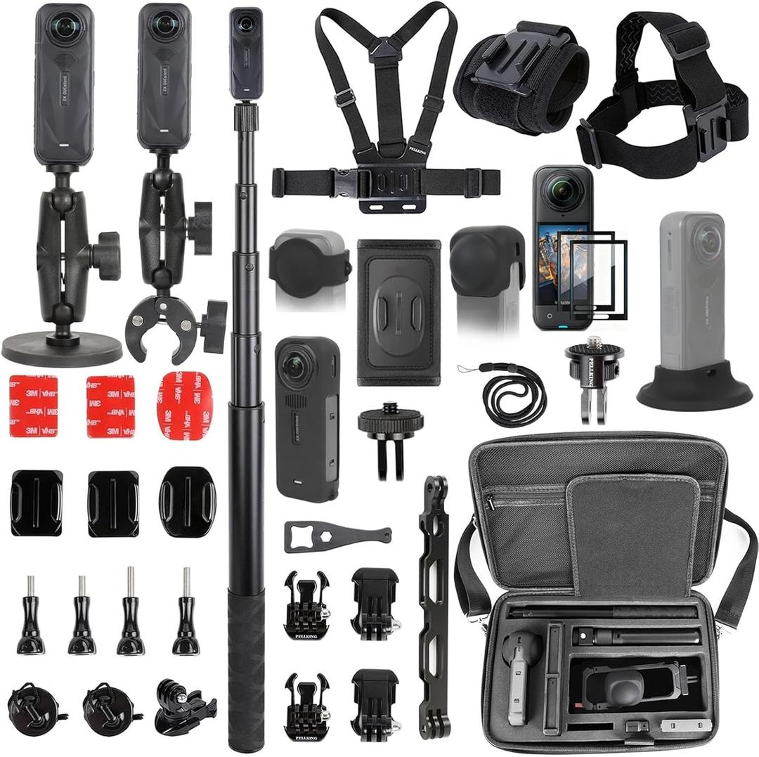 PellKing Accessories Kit for insta360 X5,Included Carrying Case with Belt,2 Pcs Metal 1/4" Adapter,Handlebar Clamp,Magnetic Mount,43in Selfie Stick,Chest Strap,Head Strap,Backpack Mount,and Others