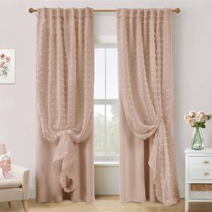Neutral Peach Blush Pink Curtains for Baby Nursery Girl,Blackout Tufted Floral Embroidered Sheer Boho Nude Dusty Rose Curtains for Bedroom 2 Panels 84 Inches Long (50"W x 84"L (Pack of 2))
