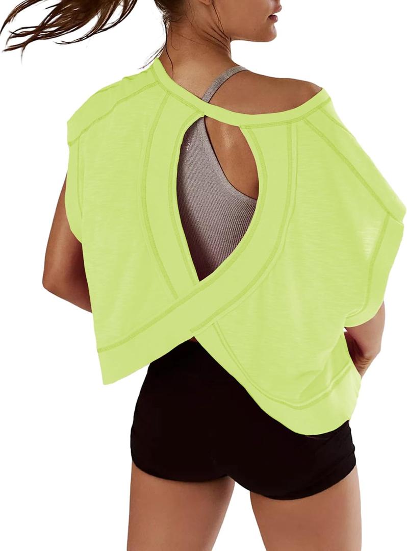 Kumufenc Women Short Sleeve Workout Shirts Open Back Tops Casual Yoga Y2k Athletic Gym Slouchy Crop Running Tees, Medium