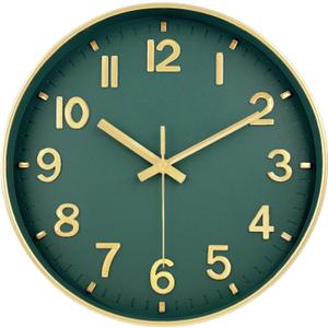 Modern Wall Clock, 10 Inch Digital Wall Clocks Battery Operated, Round Non Ticking Silent Analog Clock for Bedroom Living Room Kitchen Office Gym Classroom Decor, Gold Green Battery Clock