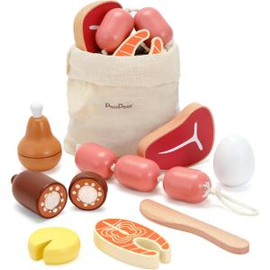 PairPear Wooden Toys Play Food Sets for Kids Kitchen, Kids Toy Food Cutting Meat Set for Toddlers 3+ Years Old, Pretend Food Play Kitchen Accessories for Girls and Boys