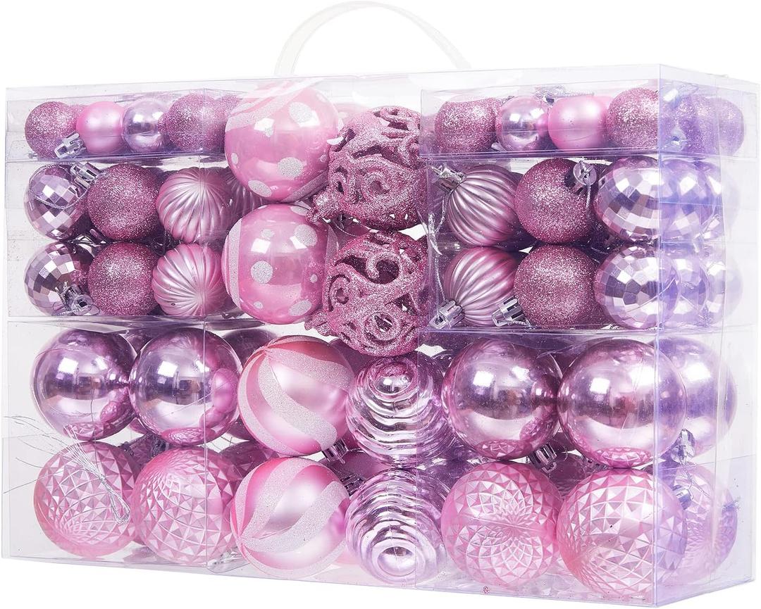 100PCS Christmas Ball Ornaments, Assorted Shatterproof Christmas Tree Decorations, Seasonal Decorative Hanging Baubles Decor Set for Xmas/Holiday/Party, Glitter&Painting Ornament Set (Pink)