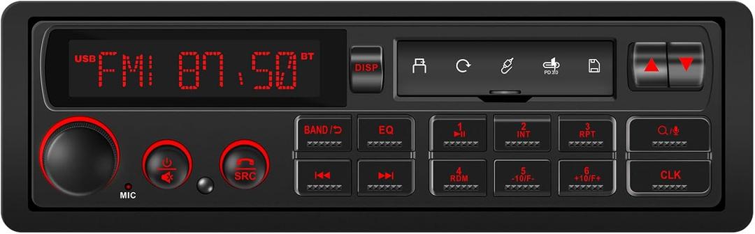 Single Din Retro Car Radio: European Style Stereo for Classic Vehicles - Bluetooth FM AM USB SD AUX USB-C Fast Charge 4-CHN 2 Subwoofer Outputs SWC
