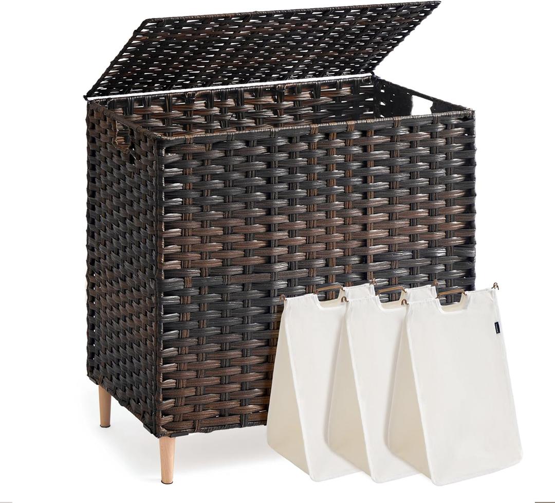 SONGMICS 3-Section Laundry Hamper with Lid, 42.2 Gal (160L) PE Rattan Laundry Basket with Removable Washable Liners, for Bedroom & Living Room, Chestnut Brown ULCB223ME01