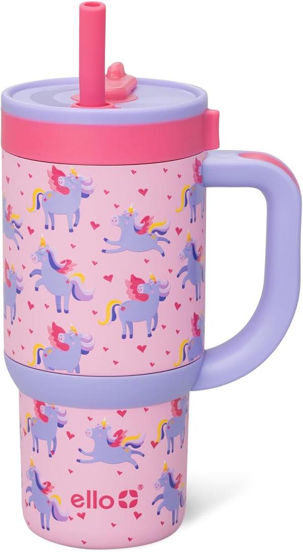 Ello Oasis 14 Oz Stainless Steel Toddler Tumbler with Handle & Retracting Straw, 100% Leakproof, Double-Wall Vacuum Insulated, Kids Water Bottle for School, BPA Free, Dishwasher Safe, Unicorns