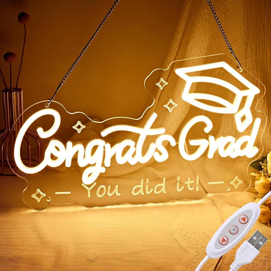 FRAMICS Congrats Grad Neon Sign-10 Adjustable Brightness Graduation Decorations 2025 Warm White LED Graduation Sign for Wall Decor Party Backdrop Gifts Lighted Congrats Grad Sign with Text Carving